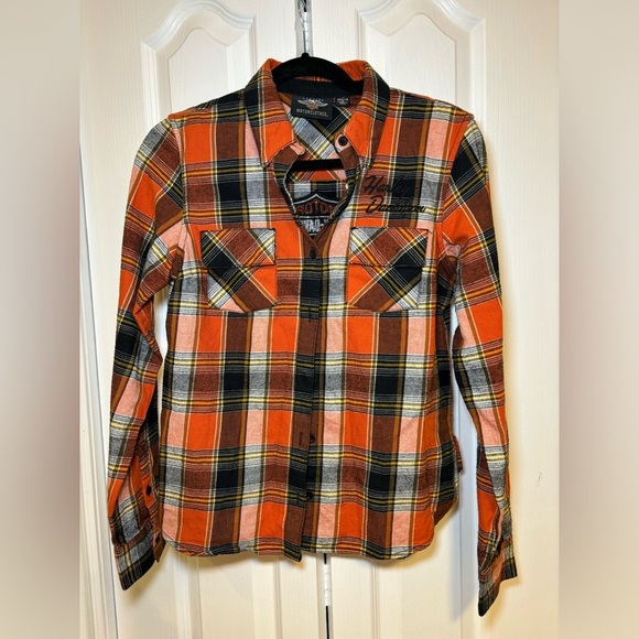 Harley-Davidson - Biker Long Sleeve Orange&Black Button-Up Plaid Shirt in Size S - Picture 2 of 11